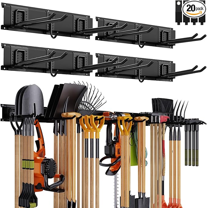 Garage Organizer Wall Mount, 64 Inch Garage Storage Organization, 20PCS Heavy Duty Garden Tool Organizer, Adjustable Tool Storage Rack Hooks, Yard Shed Tool Organizer, Hold Max 900 lbs