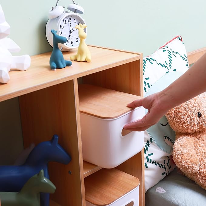 Citylife 2 Packs Plastic Storage Bins with Bamboo lids Stackable Storage Containers for Organizing, Bundled with Labels and Marker 10.24 x 7.01 x 6.1 inch-NeatNest