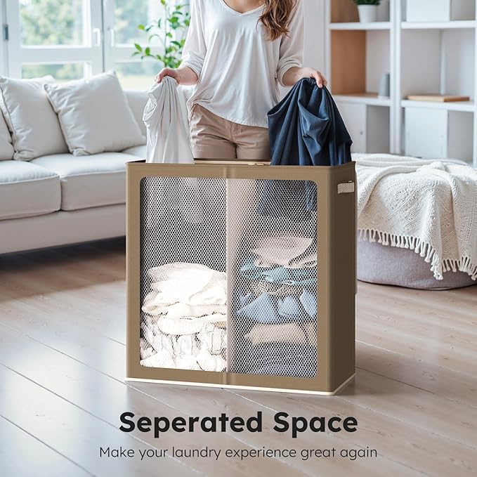 SOLEDI Large Double Laundry Hamper with Lid, Collapsible Clothes Hamper 2 section with Removable Bags, Space-Saving Laundry Basket for Bedroom, Dorm, College-NeatNest