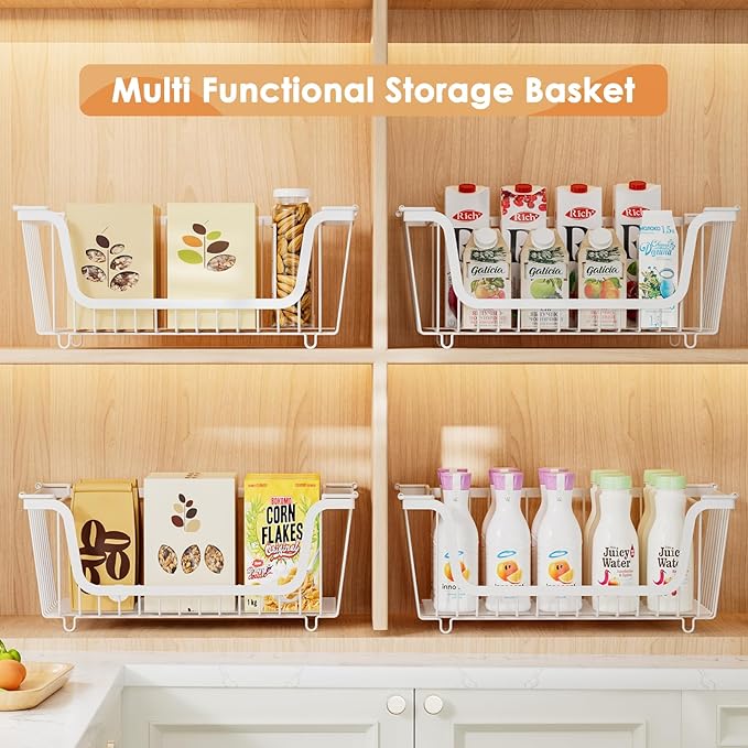 4 Pack Stackable Wire Baskets with Handles for Pantry Organizers and Storage, Fruit and Vegetable wire storage baskets, Potato and Onion Storage Bin, Metal Baskets for Organizing Snacks, Cans (White)