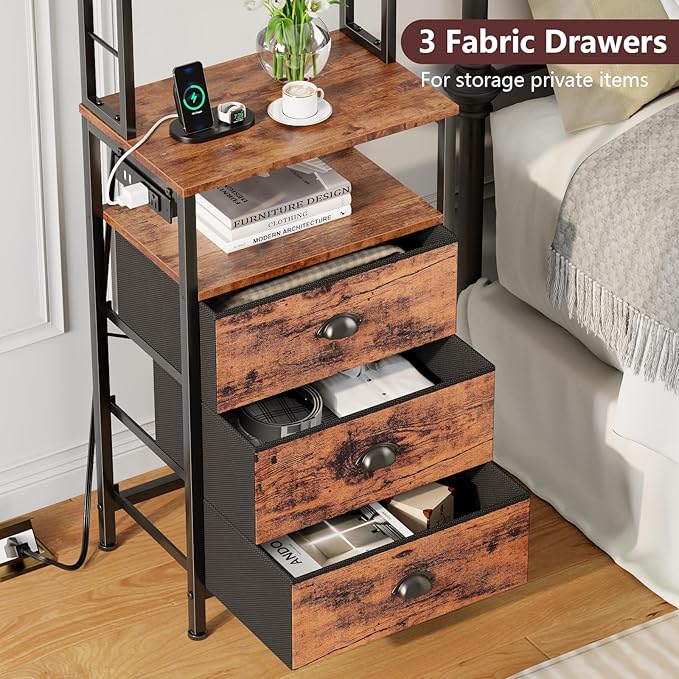Furologee 44'' Tall Nightstand with Charging Station, Bedside Table with LED Lights, End Table with 3 Drawers and Storage Shelves, Night Stand with Pegboard for Bedroom, Rustic Brown