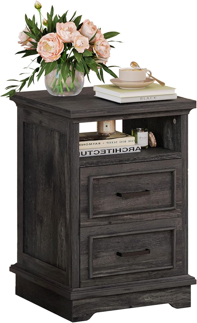 LIKIMIO Farmhouse Nightstand with Storage Drawers and Open Shelf, Small End Tables Living Room, Rustic Wood Side Tables for Bedroom, Roman Column Design, Charcoal Grey