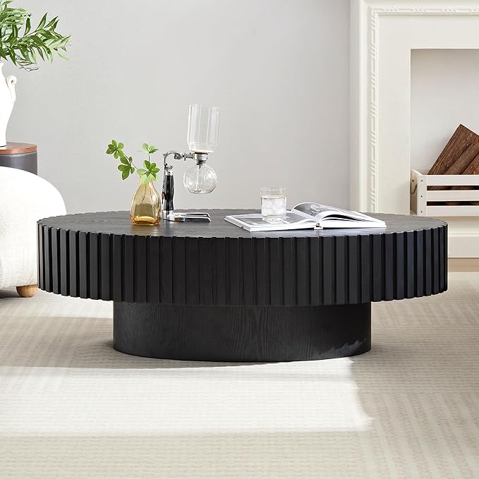 Coffee Table, 43.7 Inch Modern Handcraft Solid Wood Drum Oval Coffee Table for Living Room, Small Space, Office, Easy Assembly (Black)-NeatNest