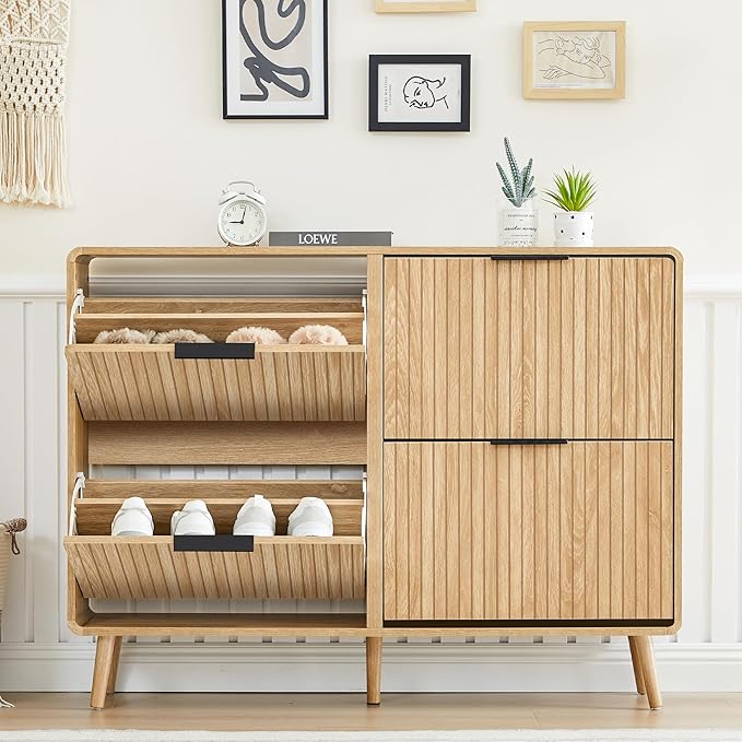 47" Fluted Large Shoe Cabinet with 4 Flip Drawers, Slim Freestanding Shoe Cabinet Organizer, Narrow Shoes Storage Rack for Entryway (Natural, 9.45" D x 47.24" W x 35.83" H)