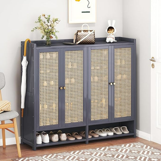 Bamboo Shoe Cabinet, 8-Tier Shoe Storage Cabinet with Doors, Freestanding Bamboo Shoe Rack Organizer with Shelves for Entryway, Hallway, Closet, Living Room (Grey)