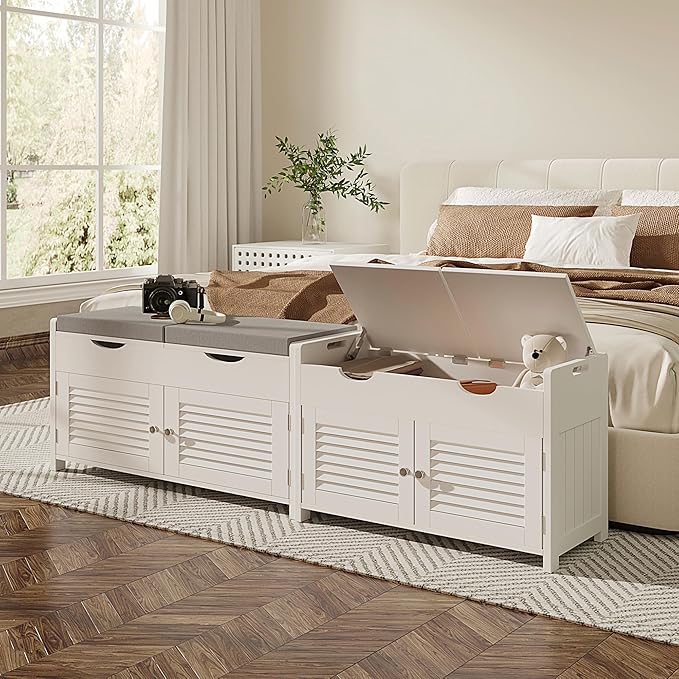 ChooChoo Shoe Storage Bench with Lift Top Storage, Entryway Bench with 2 Cushioned Seats, 3 Compartments, Adjustable Shelf, Shoe Cabinet for Entryway, Bedroom, Living Room, White-NeatNest