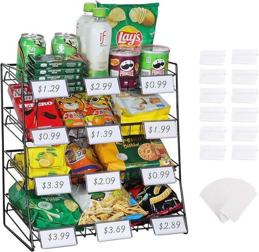 4-Tier Black Stackable Candy Display Rack, Snack Organizer For Countertop, Stores, Offices with 12 Signs and 30 Labels (Black-1 Pack)