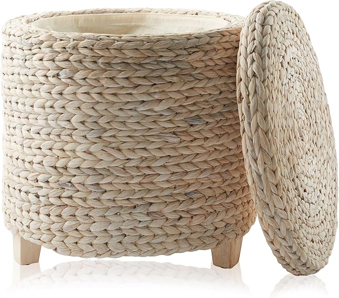 Casafield 17" Round Storage Ottoman with Lid - Whitewash, Handwoven Water Hyacinth Footstool for Living Room, Bedroom, Bathroom, Home Office-NeatNest