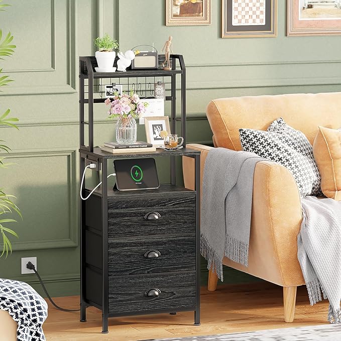 Furologee 44'' Tall Nightstand with Charging Station, Bedside Table with LED Lights, End Table with 3 Drawers and Storage Shelves, Night Stand with Pegboard for Bedroom, Black Oak