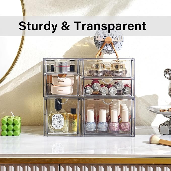 Prsildan Acrylic Drawer Makeup Organizer with 6 Drawers, Set of 2 Office Desk Organizers Accessories, Clear Stackable Storage Drawers for Vanity, Craft, Not for Baby Bottle (Largest Drawer 4" Tall)-NeatNest