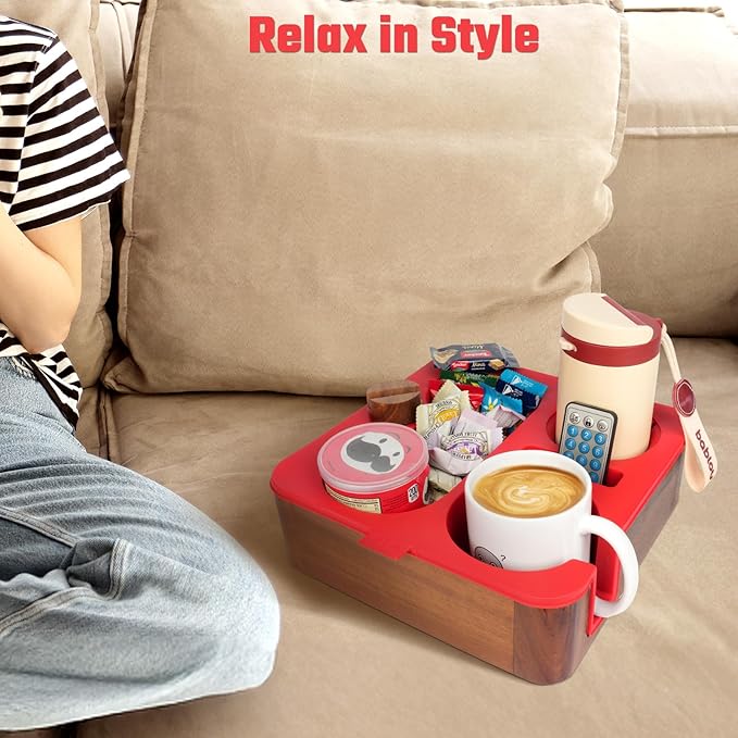 Couch Cup Holder Tray, Real Acacia Wooden Caddy with Soft Silicone, Snack and Drink Organizer- Perfect Movie Night Accessories for Bed, Remote and Cup Holders for Sofa (Red)-NeatNest