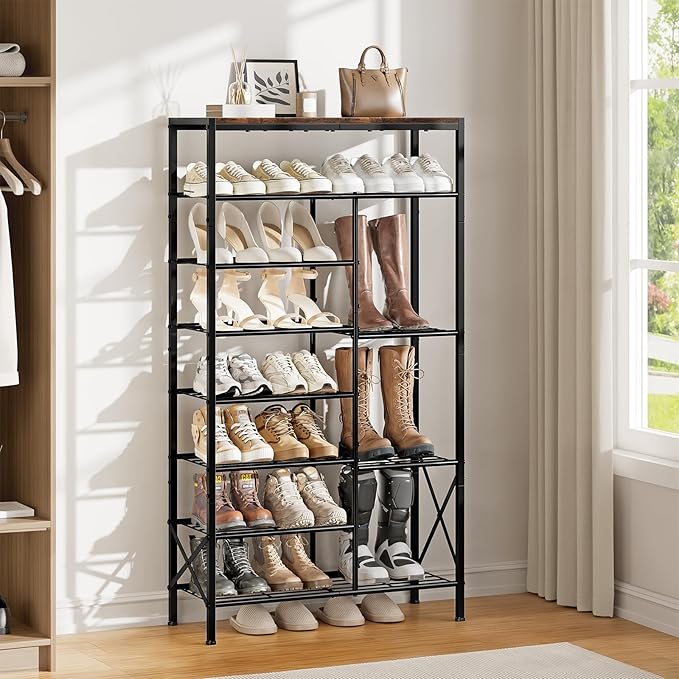 8-Tier Shoe Rack, Shoe Storage Organizer with Boots Storage, Large Capacity Shoe Shelf Holds 20-23 Pairs of Shoes, Durable and Stable, for Entryway, Closet, Hallway, Dorm Room, Rustic Brown-NeatNest