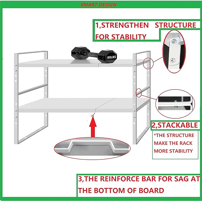 Expandable Stackable Spice Rack Cabinet Shelf Organizer in Cabinets Shelves Kitchen Cupboard Organization Stack up Racks Pantry Countertop Storage Large/White 2 Packs