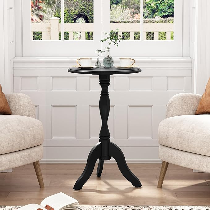 HLR Round Small End Table, Wooden Pedestal Side Coffee Tables, Vintage Accent Nightstand for Living Room, Bedroom, Entryway (1, Black)