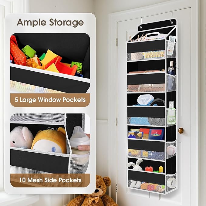 1 Pack Over The Door Organizer, Hanging Storage Organizer with Clear Window, 40lb Ultra Sturdy Large Capacity Room Organizer for Pantry Laundry Bathroom Nursery Closet (Black)-NeatNest