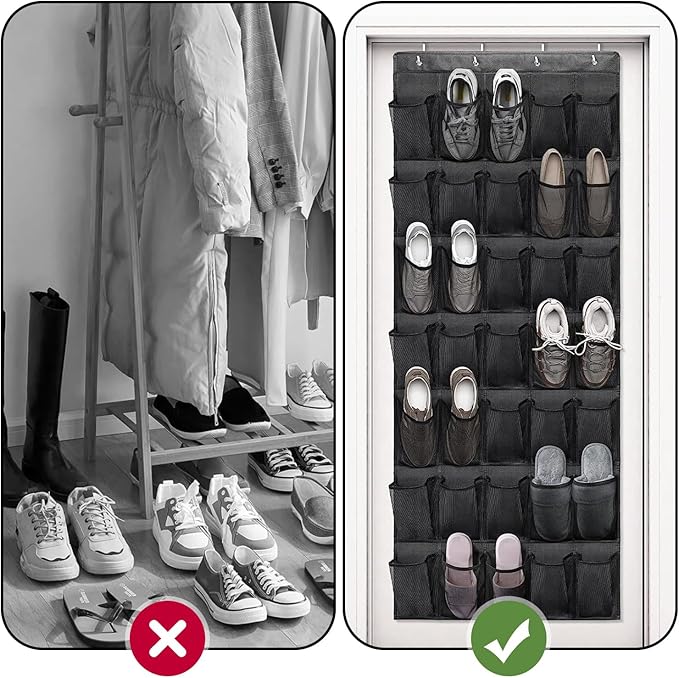 2pcs Black Over the Door Shoe Organizer,each containing 24-Pocket Over Door Shoe Organizer with Mesh Pockets, Over the Door Shoe Holder, Hanging Shoe Rack with total of 8 Metal Hooks-NeatNest