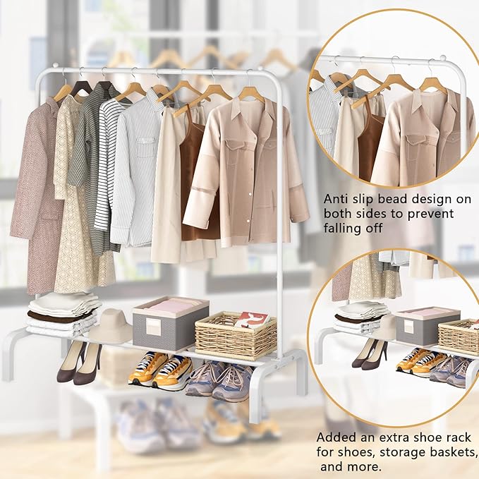 Clothes Rack Metal Clothing Rack with Bottom Shelf Garment Rack for Hanging Clothes Shirts Jeans and Coats White-NeatNest