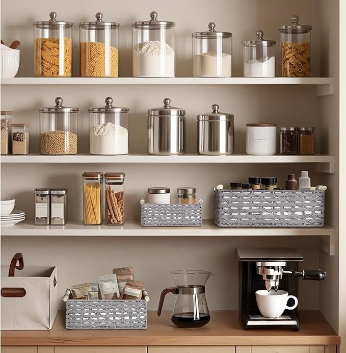 DECOMOMO Toilet Tank Basket, Wicker Storage Bins for Countertop, Toilet Top Organizer, Back of Toilet Basket, Pantry, (Grey, Set of 3)-NeatNest