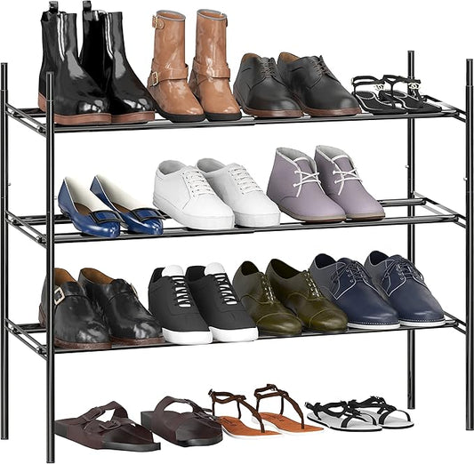 Simple Houseware 3-Tier Expandable and Stackable Shoe Racks with Shelves for 12 Pairs of Shoes, Black-NeatNest