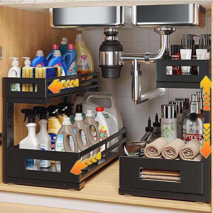 2-Pack 17"Deep Under Sink Organizer And Storage, 2-Tier L-Shaped Pull Out Cabinet Organizer with Upgraded Slide Rails, Height Adjustable Drawers for Kitchen&Bathroom, Extra-Large Storage Shelves–Black-NeatNest