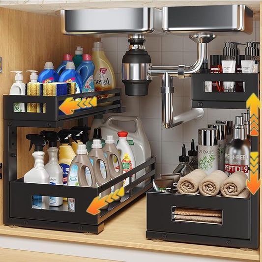 2-Pack 17"Deep Under Sink Organizer And Storage, 2-Tier L-Shaped Pull Out Cabinet Organizer with Upgraded Slide Rails, Height Adjustable Drawers for Kitchen&Bathroom, Extra-Large Storage Shelves–Black-NeatNest