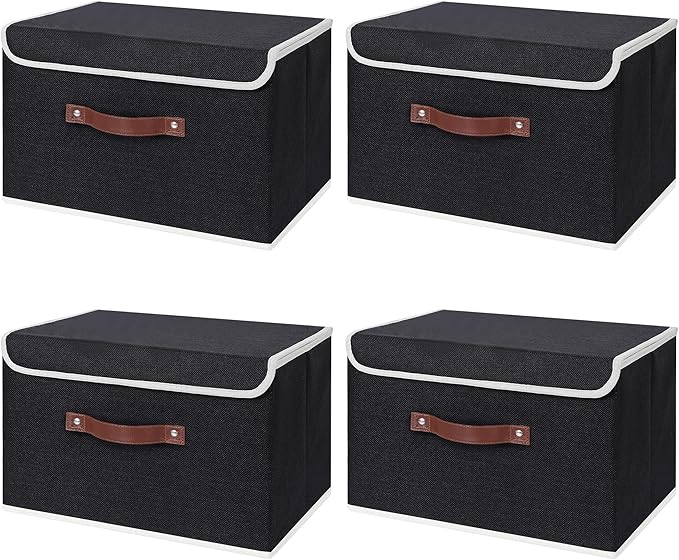 ANMINY 4PCS Storage Bins with Lid PU Leather Handles Storage Boxes PP Plastic Board Decorative Foldable Lidded Cotton Linen Fabric Home Cubes Baskets Closet Organizer Containers - Black, Large Size-NeatNest