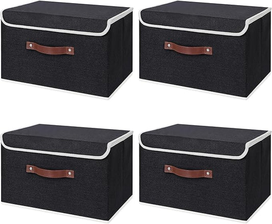 ANMINY 4PCS Storage Bins with Lid PU Leather Handles Storage Boxes PP Plastic Board Decorative Foldable Lidded Cotton Linen Fabric Home Cubes Baskets Closet Organizer Containers - Black, Large Size-NeatNest
