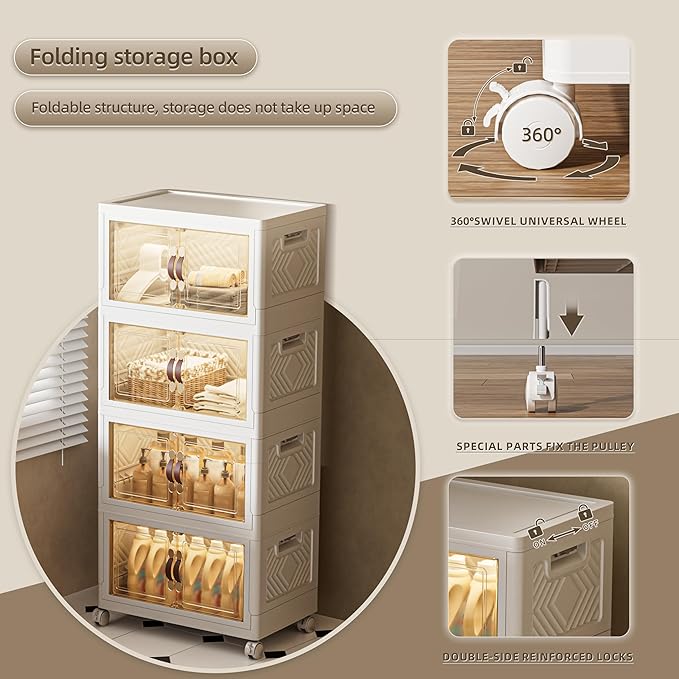 144 QT / 36 Gal Stackable Storage Bins (1 Lid) w/Wheels & Magnetic Doors, Collapsible Plastic Organizer Cabinet for Closet Office Garage - White Storage Containers-NeatNest
