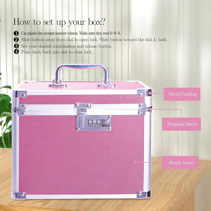 Medication Combination Lock Boxes with Code for Personal Items, Medicine Lockbox for Documents 10 x 7.25 x 7.75 Inches Rose