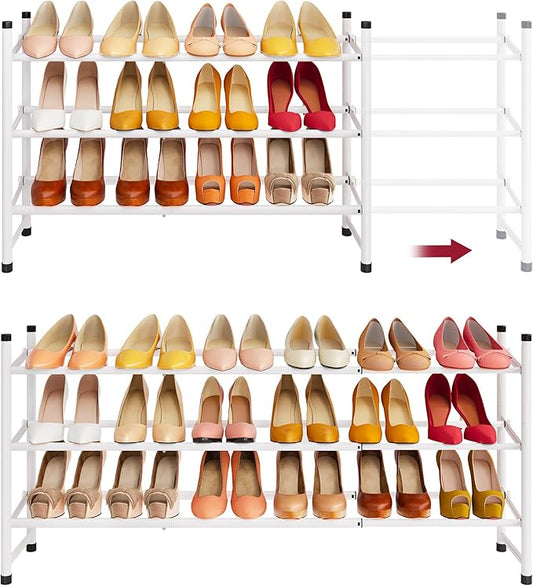 Tajsoon Expandable Shoe Rack for Closet 3 Tier, 28“-41“Adjustable & Stackable Shoe Shelf Storage, Metal Shoe Rack Organizer for Front Door Entrance, Closet, Garage, Entryway, White-NeatNest