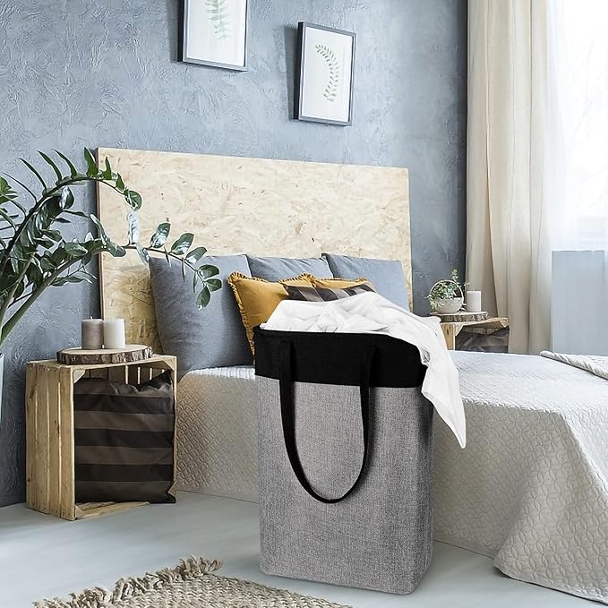 Collapsible Laundry Baskets Double Laundry Hampers Large Foldable Laundry Basket Organizer with Straps Black Gray Cloth Laundry Hamper Patchcwork Laundry Sorter Dirty Clothes Basket, QY-SC23-2-NeatNest