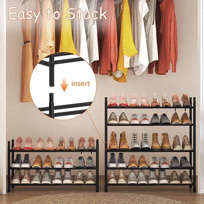 TZAMLI 3-Tier Shoe Rack for Closet, Expandable and Stackable Shoe Organizer Adjustable Metal Shoe Storage Small Shoe Shelf for Entryway Entrance, Black-NeatNest