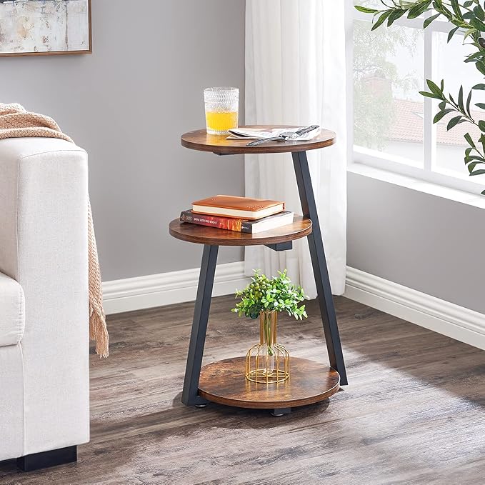 BEWISHOME Round End Table Side Table with Metal Frame, Accent Nightstand Bedside Table with 3-Tier Shelves, Small Couch Coffee Table for Living Room Bedroom Rustic Brown KTZ41Z-NeatNest