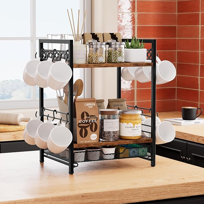 Coffee Bar Organizer Countertop, 3 Tier Mug Cup Holder Stand with 12 Hooks, 25 K Cup Coffee Pod Drawer with Mug Rack, Multifunctional Shelf for Accessories Kitchen (Black)-NeatNest