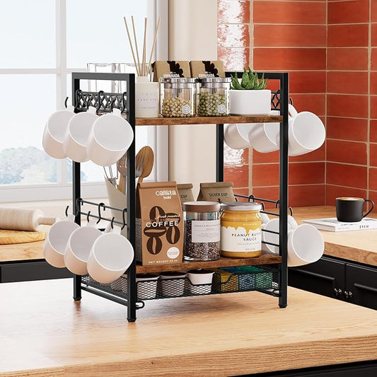 Coffee Bar Organizer Countertop, 3 Tier Mug Cup Holder Stand with 12 Hooks, 25 K Cup Coffee Pod Drawer with Mug Rack, Multifunctional Shelf for Accessories Kitchen (Black)-NeatNest