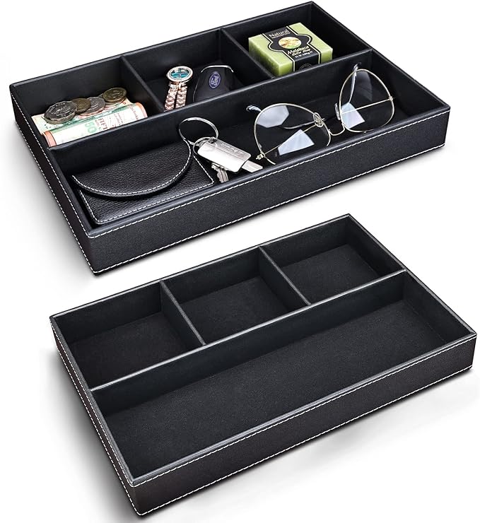 GORESE 2 Pieces Faux Leather Valet Tray for Men, Stackable Jewelry Organizer for Drawers, Nightstand Caddy Tray for Key, Wallet, Sunglass, Watch, Coin, Phone, Bedside Desk-top Storage Black-NeatNest