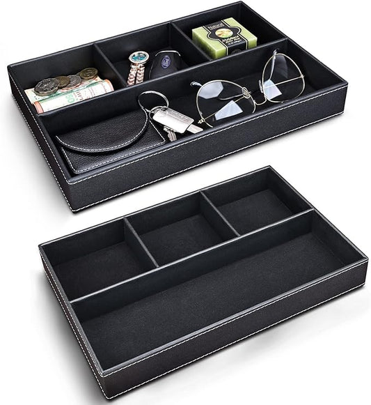 GORESE 2 Pieces Faux Leather Valet Tray for Men, Stackable Jewelry Organizer for Drawers, Nightstand Caddy Tray for Key, Wallet, Sunglass, Watch, Coin, Phone, Bedside Desk-top Storage Black-NeatNest