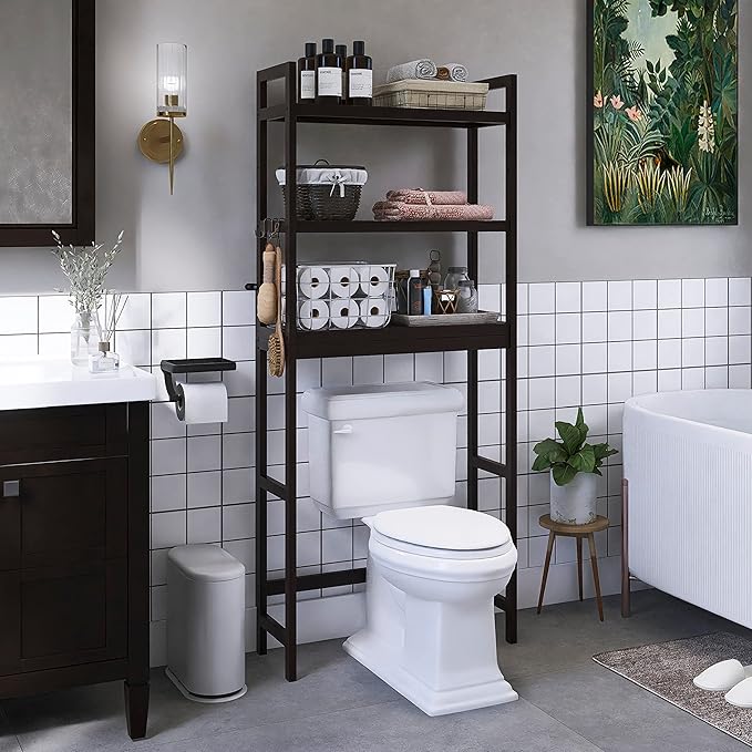 SMIBUY Bathroom Storage Shelf, Bamboo Over-The-Toilet Organizer Rack, Freestanding Toilet Space Saver with 3-Tier Adjustable Shelves (Dark Brown)