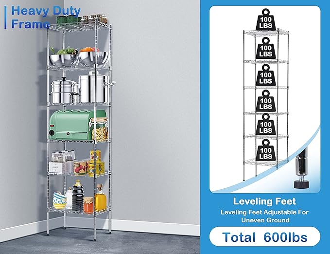 Metal Wire Shelving Unit Tall Shelf Storage Rack NSF Certified Shelves 600 Lbs Capacity Standing Utility for Laundry Kitchen Pantry Garage Organization, 17''Lx12''Wx63''H 6-Tier No Wheel