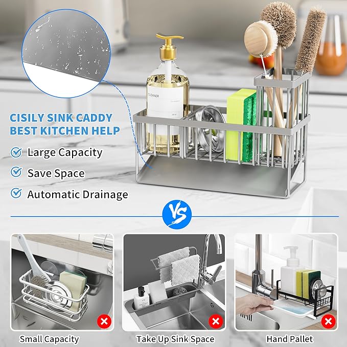 Cisily Sink Caddy Organzier with High Brush Holder, Sponge Holder for Sink, 304 Rustproof Stainless, Kitchen Countertop Soap Dispenser Organizer, Gray Kitchen Decor and Accessories-NeatNest