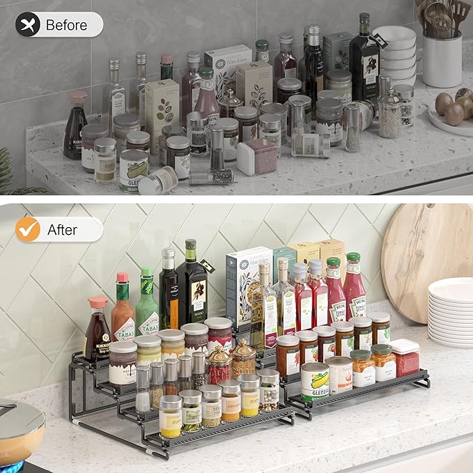 4 Tier Spice Rack Organizer for Inside Cabinet Display Riser Shelf Seasoning Organizer for Countertop Cupboard Pantry Step Storage Holder with Protection Railing (2PC Black)-NeatNest