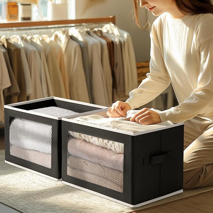 Foldable Storage Box with Lid - Closet Storage Organizer with Window, Storage Bins with Lids for Clothes, Fabric Storage Baskets for Shelves, Bedroom, Dorm, Black, 4 Pack-NeatNest