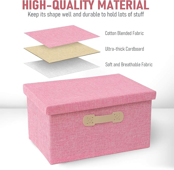 Enzk&Unity Decorative Storage Bins with Lids, Fabric Linen Foldable Storage Box with Handle Home Organizer for Shelf, Closet, Bedroom, Living Room, Office, 3 Packs, Pink-NeatNest