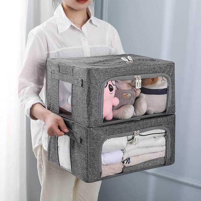 3Pack Foldable Storage Bins - Frame Storage Box Linen Fabric Stackable Clothes Container Organizer with Clear Window & Carry Handles Large Capacity (Small-22L, Dark Gray)-NeatNest