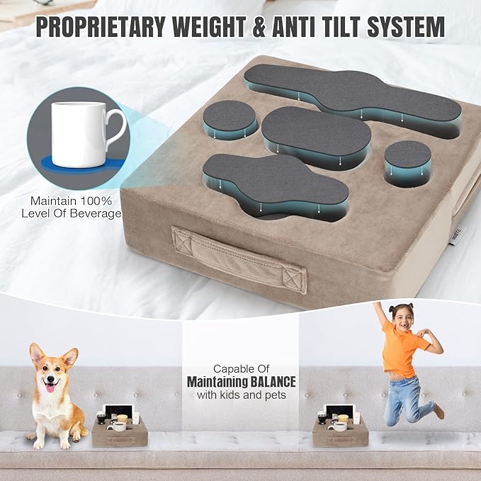 STBoo Couch Cup Holder Pillow Tray - Sofa Drink Cup Holder Cozy Buddy | Bed Caddy Organizer for Remote, Snacks Beverage, Phones, Tablet | Use it on Car, Pack, Beach, RV, Boat, Bedroom (Light Brown)-NeatNest