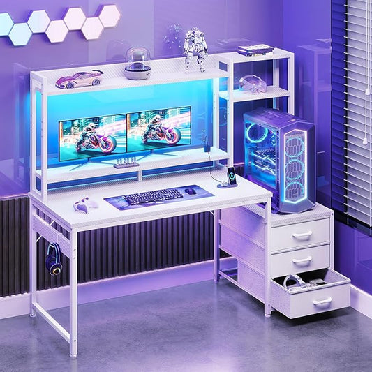 Casaottima 48 Inch Gaming Desk with Hutch & 3 Fabric Drawers, Computer Desk with USB Ports & LED Lights, Reversible Pc Gamer Table with Monitor Stand for Home Office, Carbon Fiber White-NeatNest
