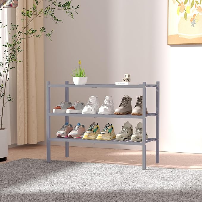 3 Tier Bamboo Shoe Rack for Closet Free Standing Wood Shoe Shelf Storage Organizer for Entryway Small Space Stackable 27"x11"x20" (Grey)-NeatNest