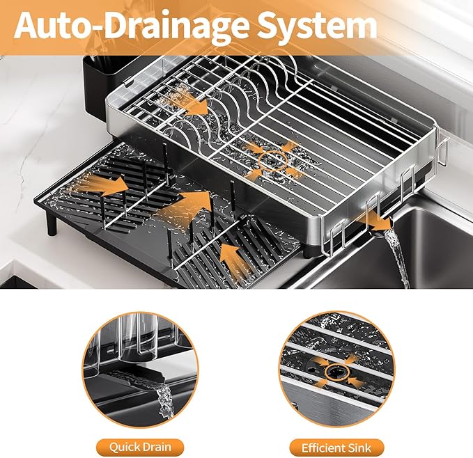 Expandable Dish Drying Rack for Kitchen Counter, 304 Stainless Steel Dish Rack, Multi-Function Dish Drainer, Large Dish Strainer with Cup Holder, Cutlery Holder, Extendable Large Size Silver