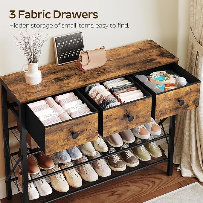 4-Tier Shoe Rack with 3 Drawers, Metal Shoe Organizer for 15 Pairs with Storage Shelves and Wooden Top, for Entryway, Hallway, Foyer, Closet, Rustic Brown and Black SS34BR-NeatNest