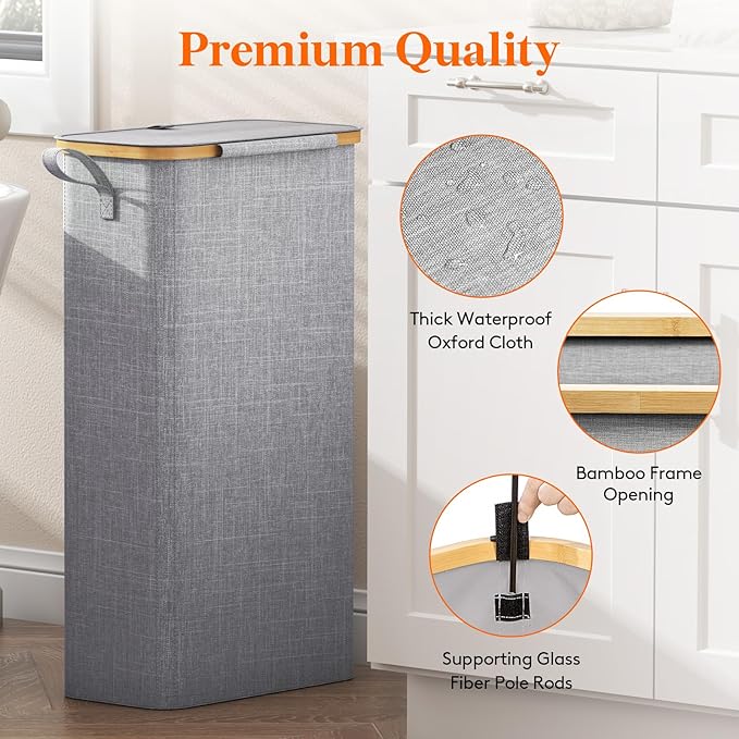 Lifewit 65L Slim Laundry Hamper with Lid, Narrow Laundry Basket with Removable Bag & Bamboo Handles, Fodable Thin Dirty Clothes Hamper for Laundry Collapsible Bin for Bathroom Bedroom Dorm, Gray-NeatNest